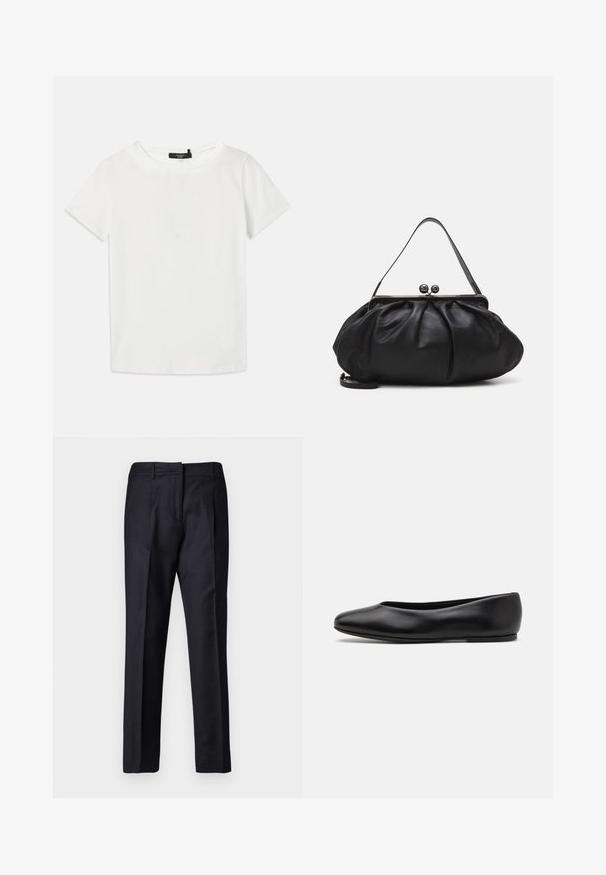 White short-sleeve T-shirt made of soft cotton, featuring a round neckline and a straight hem, with no visible patterns or accents.; Navy tailored trousers with a smooth texture, featuring a flat front, dual pleats, and belt loops. Straight-leg cut, finished hem.; Paul Smith TOPANGA - Ballet pumps - black; Black leather handbag with a rounded, pleated design. Features a metallic clasp with two decorative balls and a slim, detachable strap.