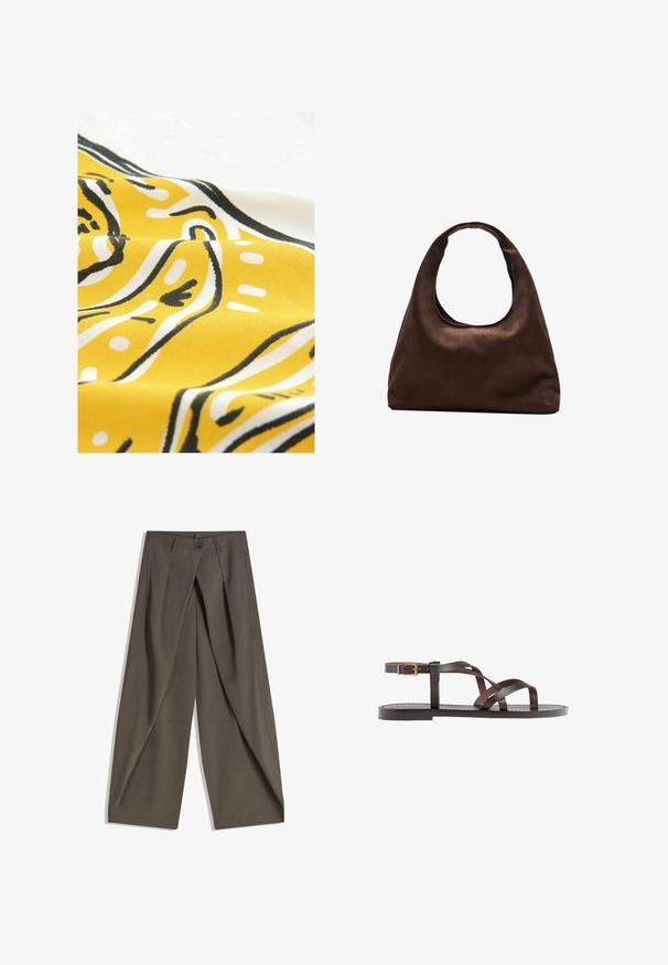 Tessuto giallo con motivi astratti in bianco e nero. Il materiale ha una superficie liscia, con linee curve e punti in un design giocoso.; Pantaloni a gamba larga realizzati in un tessuto testurizzato grigio scuro. Presentano una piega frontale, chiusura con bottone e tasche laterali per praticità.; Sandal in pelle marrone con cinturini incrociati, chiusura con cinturino alla caviglia e suola piatta con dettagli di cucitura minimi.; Borsa hobo di un morbido marrone con una sola tracolla larga e un'apertura a manico curvo, esposta su uno sfondo bianco.