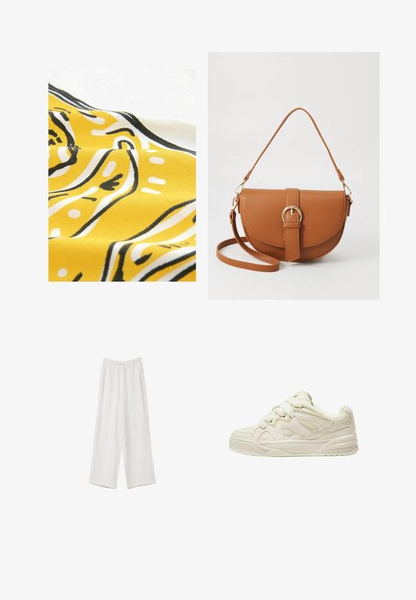 Žltá tkanina s čiernymi a bielymi abstraktnými vzormi. Materiál má hladkú textúru a zobrazuje zakrivené línie a bodky v hravom dizajne.; Biele široké nohavice vyrobené z ľahkej tkaniny. Obsahujú elastický pás so sťahovacou šnúrkou a bočné vrecká. Hladká textúra.; Béžové tenisky s textúrovaným zvrškom, výraznými šnúrkami, sieťovanými panelmi a hrubou podrážkou. Zakrivený dizajn s polstrovaným golierom pre pohodlie.; Hnedá kožená kabelka cez telo s zakriveným tvarom, zlatými kovovými doplnkami a akcentom s prackou. Obsahuje odnímateľný ramenný popruh.