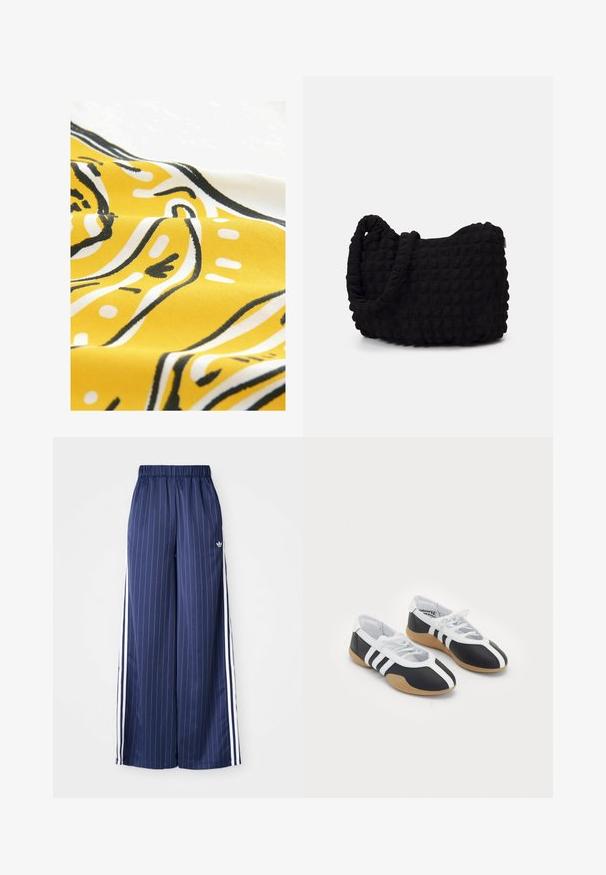 Yellow fabric with black and white abstract patterns. The material has a smooth texture, displaying curved lines and dots in a playful design.; Navy blue wide-leg pants with vertical white stripes, elastic waistband, and three white stripes along each side, made from a lightweight material.; Black and white athletic shoes with a sleek design, rubber sole, lace-up closure, and three white stripes on the sides.; Black fabric bag with a textured, quilted pattern. Rounded shape, short, thick handles, and a soft, flexible structure.