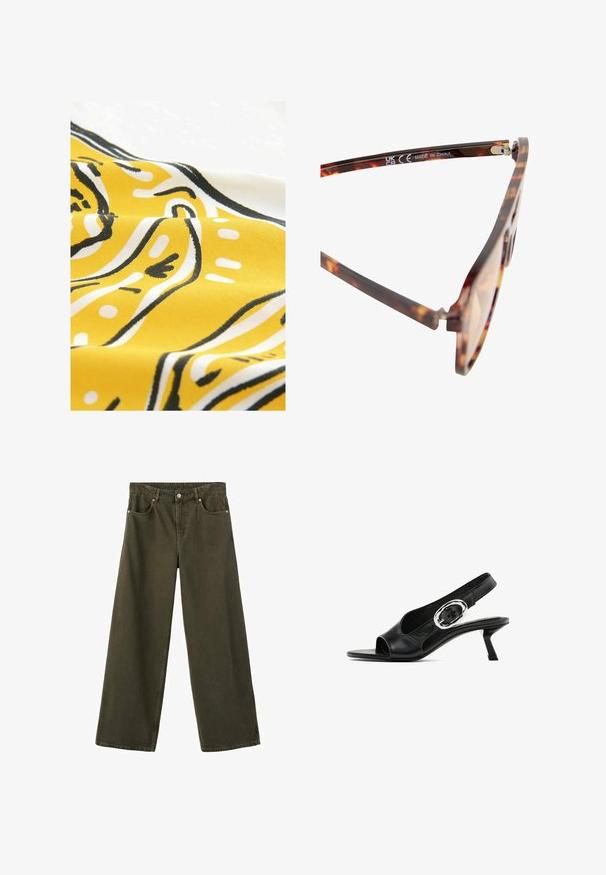 Žlutá látka s abstraktními vzory v černé a bílé barvě. Materiál má hladkou texturu a vykazuje zakřivené čáry a tečky v hravém designu.; Olivově zelené džínové kalhoty s širokými nohavicemi vyrobené z odolného denimu, s pěti kapsami, stříbrným kováním a viditelným švem podél švů.; Černá kožená slingback obuv s otevřenou špičkou, s oválnou stříbrnou sponou na pásku a štíhlým klínovým podpatkem. Hladká textura.; Sluneční brýle s želvovinovým vzorem, hnědé čočky, plastový rám a decentní kovové akcenty na pantech. Vyrobeno v Číně.