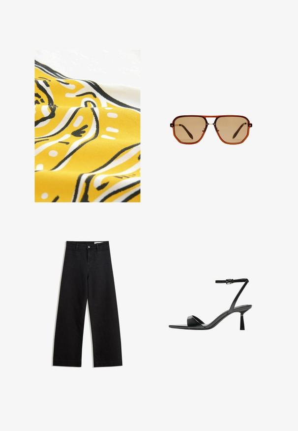 Gul stof med sort og hvid abstrakt mønster. Materialet har en glat tekstur og viser buede linjer og prikker i et legende design.; Sorte wide-leg denim bukser med høj talje, der har front- og baglommer, syede sømme og en knaplukning. Glat tekstur.; Bershka Højhælede sandaletter / Højhælede sandaler - black; Brune oktagonale solbriller med en gennemsigtig amber-ramme og brune tonede linser. Har et metalaccent ved næsestykket og slanke stængler.; Sort patenteret læder håndtaske med en buet form, en skulderrem, frontlommer og hardware accenter i sølvfarve.