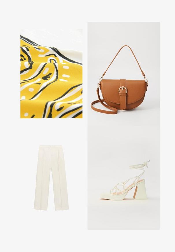 Tessuto giallo con motivi astratti in bianco e nero. Il materiale ha una superficie liscia, con linee curve e punti in un design giocoso.; Pantaloni a gamba larga di un leggero colore crema. Realizzati in un tessuto morbido con pieghe sul davanti e tasche laterali.; Sandalo bianco con tacco alto, caratterizzato da un design a cinturini e un legaccio alla caviglia. Texture liscia con una piattaforma frontale per un'altezza aggiuntiva.; Borsa a tracolla in pelle marrone con forma curvata, hardware dorato e un dettaglio con fibbia. Presenta una tracolla rimovibile.