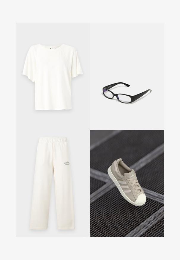 T-shirt bianco a maniche corte realizzato in tessuto morbido, con una vestibilità rilassata, scollatura rotonda e un sottile dettaglio del logo sul petto.; Pantaloni a gamba larga di colore crema realizzati in materiale morbido con cintura elastica. Presentano un delicato testo ricamato di colore verde sul davanti.; Sneaker beige Adidas Superstar con superiore in pelle testurizzata, tre strisce laterali, punta rotonda e logo sulla linguetta e sul tallone.; Occhiali rettangolari neri con lenti trasparenti. Finitura lucida, bracci sottili e una sfumatura viola visibile ai bordi delle lenti.