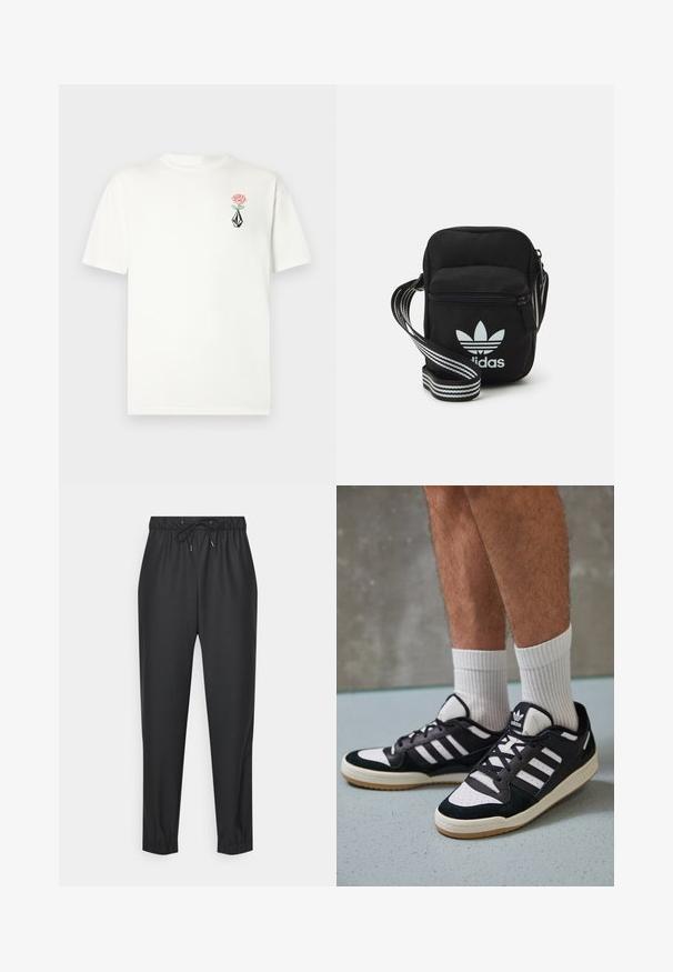 White cotton t-shirt with short sleeves. Features a pink rose and black geometric design embroidered on the left chest.; Black jogger pants made from a soft, stretchy material. Features an elastic waistband with a drawstring, tapered legs, and cuffs at the ankles.; Black and white sneakers with a suede and leather upper, featuring three white stripes, a perforated toe, and a gum rubber sole.; Black fabric crossbody bag with a zipper closure, featuring a white Adidas logo and a striped adjustable strap for easy carrying.