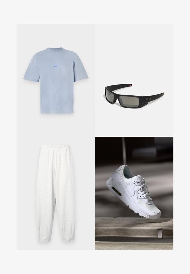 T-shirt de algodão azul claro com decote redondo, mangas curtas e um pequeno emblema azul e branco no peito.; Calças de treino cinza claro feitas de tecido macio, com um cós elástico, pernas ajustadas e punhos nos tornozelos. Design simples sem padrões.; Sapatilha Nike Air Max 90 branca com parte superior em malha e couro, caixa de dedos perfurada e uma unidade de ar visível no calcanhar.; Óculos de sol pretos com acabamento mate, lentes retangulares, leve curvatura nas hastes, detalhe sutil do logo e lentes de cor fumada.