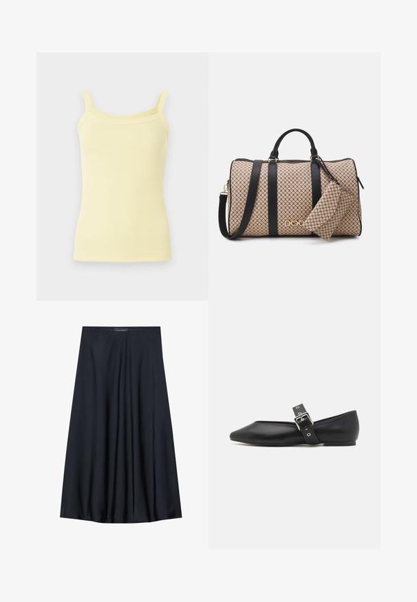 Sárga bordázott ujjatlan felső vékony pántokkal és testhez simuló kialakítással, finom textúrával és egyenes szegéllyel.; Fekete, térdig érő szoknya könnyű anyagból, laza formával. Simább textúrával rendelkezik, és finom redők díszítik a részleteket.; Fekete bőr balerina cipő hegyes orral, oldalsó pánttal, ezüst csattal és alacsony sarkal. Simább textúrájú és minimalista dizájn.; Beige mintás külsővel rendelkező sporttáska, fekete bőr pántokkal, arany színű fém kiegészítőkkel, és egy kis illeszkedő tárolóval, ami hozzá van erősítve. Strukturált dizájn.; Aranyszínű, téglalap alakú karóra fehér számlappal, ezüstszínű óránymarkerekkel és strapabíró fém láncszíjjal. Vízálló funkcióval rendelkezik.