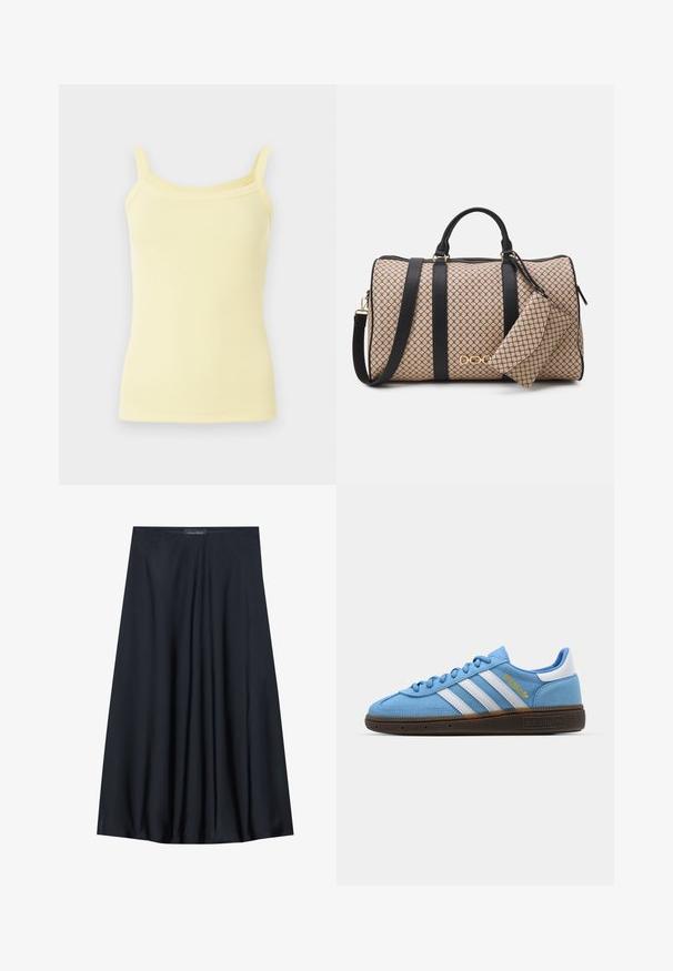 Débardeur jaune à côtes avec de fines bretelles et une coupe ajustée, présentant une texture subtile et un ourlet droit.; Jupe noire, arrivant aux genoux, en tissu léger avec un design fluide. Présente une texture lisse et de subtils plis pour un détail supplémentaire.; Baskets en suède bleu clair avec des rayures en cuir blanc, une semelle texturée marron et un détail de logo doré. Design basse avec un bout rond.; Sac de sport avec un extérieur à motif beige, des sangles en cuir noir, des accessoires en or et une petite pochette assortie attachée. Design structuré.; Montre-bracelet rectangulaire dorée avec un cadran blanc, des index horaires argentés et un bracelet en métal durable. Fonction étanche incluse.