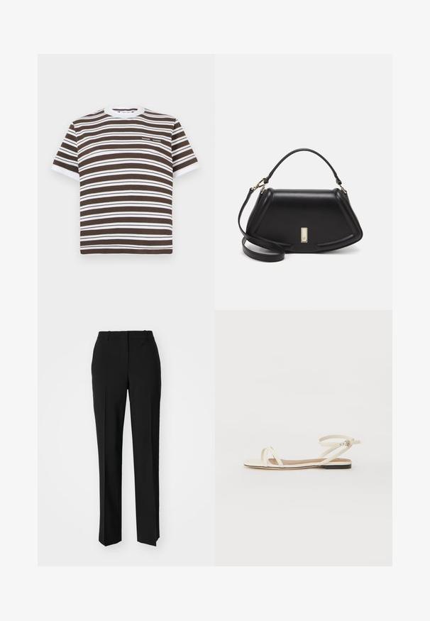 Brown and white striped short-sleeve t-shirt with a round neckline and a small logo on the chest. Made from soft cotton material.; Black tailored trousers with a straight-leg design, featuring a smooth texture and crisp creases along the front. No visible hardware.; Flat sandals in cream leather with thin cross straps, ankle strap with buckle, minimalistic design, and a contrasting black sole.; Black leather handbag with a structured design, featuring a cropped shape, top handle, and gold hardware accent. Adjustable shoulder strap included.