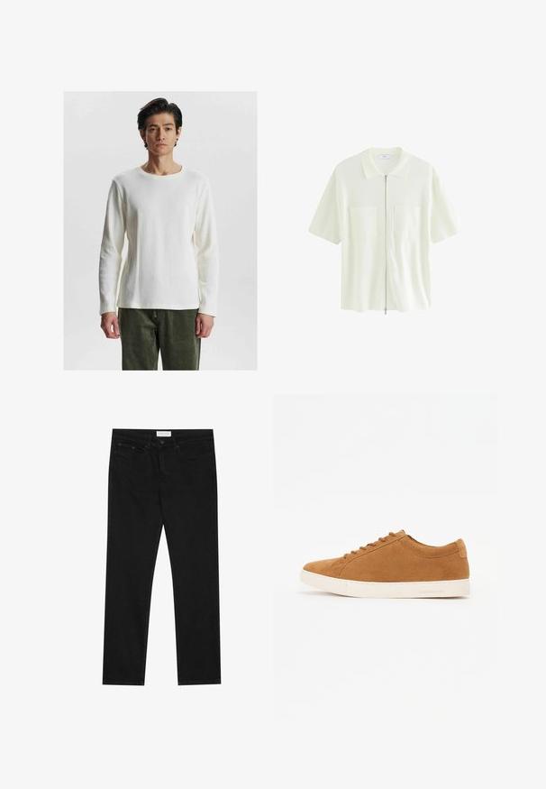 Weißes langärmeliges, geripptes Oberteil mit Rundhals-Ausschnitt, das ein strukturiertes Muster und eng anliegende Ärmel aufweist, kombiniert mit olivgrünen Hosen.; Kurzärmliges, weißes Kapuzenshirt aus strukturiertem Stoff mit Kragen und zwei Vordertaschen mit quadratischen Klappen.; Schwarze gerade Jeans mit Fünf-Taschen-Design, Knopf- und Reißverschluss, und einem Pier One-Label am Bund.; Braune Wildleder-Sneaker mit einem Low-Top-Design, weißer Gummisohle und runder Zehenpartie. Verfügt über passende Schnürsenkel und eine minimalistische Markenbezeichnung an der Ferse.