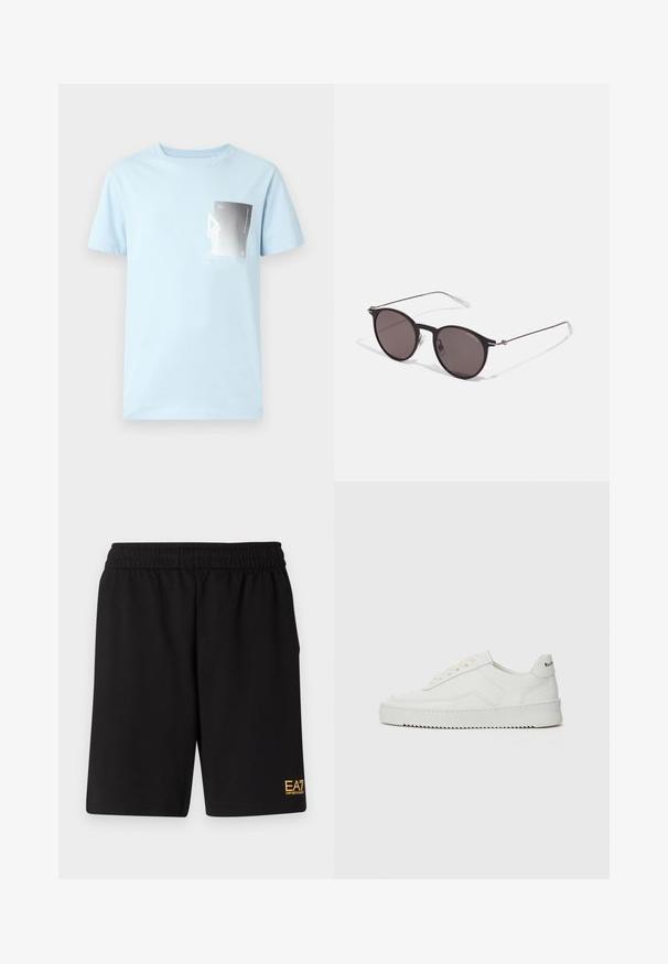 Světle modré bavlněné tričko s krátkým rukávem a kulatým výstřihem. Na levé straně hrudi má obdélníkovou grafiku v černé a bílé barvě.; Černé sportovní šortky vyrobené z měkké látky, s elastickým pasem a malým žlutým logem EA7 na dolní části levé nohy.; Bílé kožené tenisky s hladkým povrchem, kulatou špičkou, plochými tkaničkami a texturovanou podrážkou. Na patě se nachází nenápadné logo.; Černé kulaté sluneční brýle s tmavými skly a tenkými kovovými nohami. Obsahují průhledné koncovky nožiček a stříbrné akcenty na pantu. Minimalistický design.