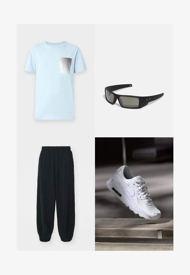 Ljusblå bomullströja med korta ärmar och rund halsringning. Har en rektangulär grafisk design i svart och vitt på vänster bröst.; Svarta, elastiska sweatpants med lös passform, mudd vid anklarna, slät textur och utan synliga mönster eller detaljer i metall.; Vita Nike Air Max 90 sneakers med en ovandel i mesh och läder, perforerad tåbox och en synlig luftenhet i hälen.; Svarta solglasögon med matt yta, rektangulära linser, lätt kurva vid skalmarna, diskret logotypdetalj och rökfärgade linser.