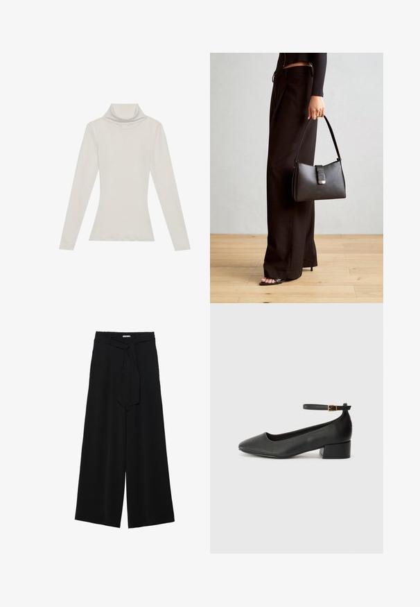 Long-sleeve turtleneck top in a light beige color. Made of soft, stretchy fabric with a relaxed fit and a fold-over neckline.; Black wide-leg pants featuring a textured fabric, an elastic waistband, and a detachable sash tie at the waist for adjustable fit.; Black leather pump with a pointed toe and a low block heel. Features an ankle strap with a gold-tone buckle. Smooth texture.; Black handbag with structured shape, smooth texture, and a metallic clasp. Paired with wide black pants and open-toe sandals on wooden floor.