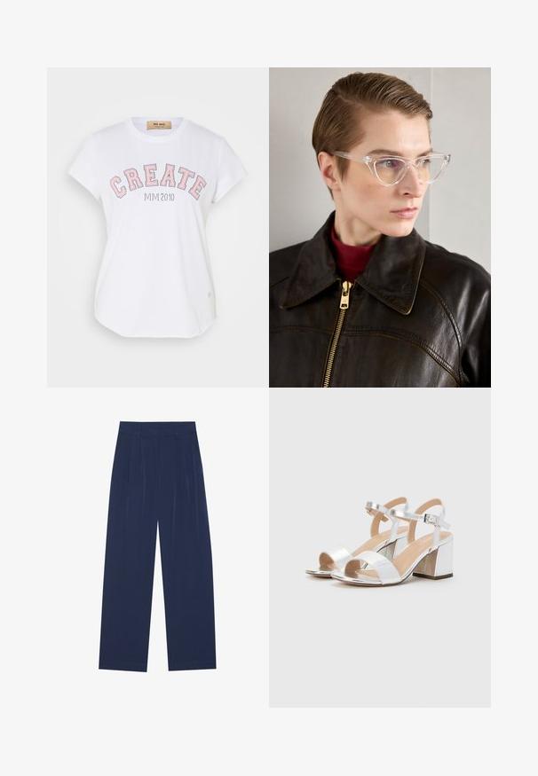 Vit bomullströja med korta ärmar, rundad halsringning och stor rosa kantad text "CREATE" med "MIVI 2010" underneath.; Mörkblå vida byxor i mjukt tyg, med framdragningar, en slät textur och rak passform utan synliga fickor.; Silverfärgade högklackade sandaler med öppen tå, med två breda remmar och en rund blockklack. Slät textur med metallisk finish.; Klart acetat cat-eye glasögon med gult tonade linser, bar av en person i en mörk läderjacka och röd polotröja. Slät yta.