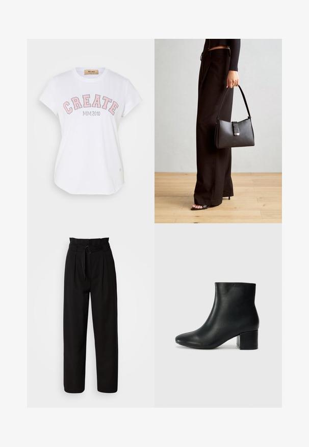 Baltas kokvilnas T-krekls ar īsām piedurknēm, noapaļotu kakla izgriezumu un lielu rozā kontūru tekstu "CREATE" ar "MIVI 2010" zem tā.; Melni augstie bikses ar platu kāju, nodrošināti ar priekšējiem krokām un auduma jostu ar apļu sprādzi. Gluda tekstūra un pielāgota piegrieztne.; Melna ādas potīšu zābaki ar smailu purngalu un masīlu papēdi. Gluda tekstūra ar minimāliem akcentiem un gludu, pieguļošu dizainu.; Melnā somiņa ar strukturētu formu, gludu tekstūru un metālu sprādzi. Saskaņota ar platām melnām biksēm un sandālēm ar atvērtu purngalu uz koka grīdas.