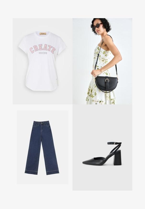 Biela bavlnená tričko s krátkymi rukávmi, okrúhlym výstrihom a veľkým ružovým obrysom textu "CREATE" s nápisom "MIVI 2010" pod ním.; Džínsy s širokými nohavicami v tmavomodrom denime. Majú päť vreciek, pútka na opasok a surový spodný lem s viditeľnými švy.; Čierne kožené lodičky s špicatou špičkou a členkovým remienkom, s masívnym podpätkom. Hladký povrch, elegantný dizajn a minimalistická estetika.; Čierna kožená kabelka s zaobleným tvarom, odnímateľným popruhom a zlatými doplnkami. Kabelka má klopu s detailom s prackou.; Strieborný prsteň s dvojitým pásikom s hladkým, lesklým povrchom. Má plynulý, zakrivený dizajn s prekryvajúcimi sa časťami pre moderný vzhľad.