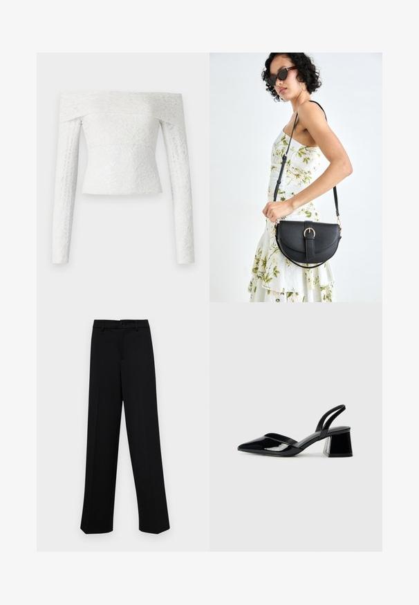 Bijela čipkasta bluza s dugim rukavima koja otkriva ramena, s teksturiranim cvjetnim uzorkom i uskim krojem.; Crne široke hlače od glatkog materijala, s klasičnim pojasom koji se zatvara dugmetom i prednjim naborima.; Crne lakirane kožne sandale s otvorenom petom i špicastim vrhom, s geometrijskom blok petom. Imaju elegantan, minimalistički dizajn i glatku teksturu.; Crna kožna torba s lukovitim oblikom, odvojivim remenom i zlatnim detaljima. Torba ima preklop s kopčom.