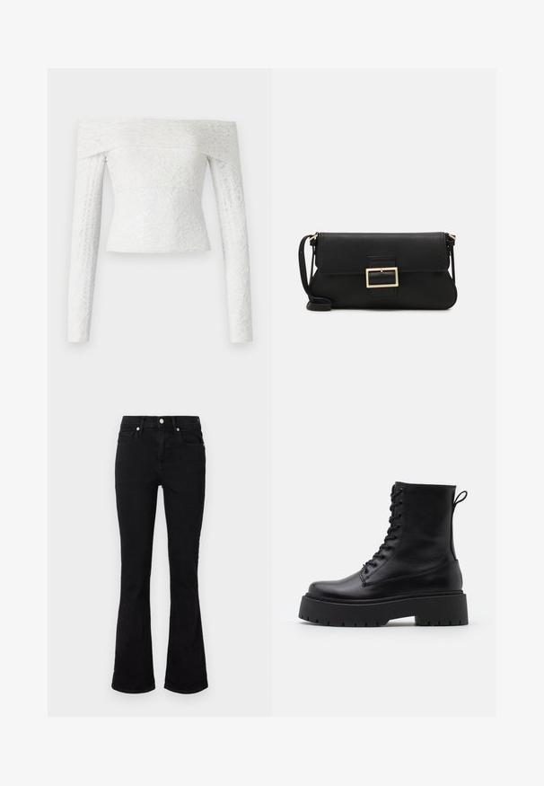Õlavarrelt avatud valge pitsüla, millel on pikad varrukad, tekstuuriga lillemustriga ja sobiv siluett.; Mustad flared teksasaapad, millel on keskmise tõusuga vöökoht, eesmine taskud ja nupplikuga kinnistus. Sile tekstuur minimaalse õmbluste detailidega.; Mustad mustad nahast pahkluu saapad ümarate varvastega, nööridega esiosas ja paksu kummist talla ning tekstuuritud mustriga. Tagumine tõmbeaas.; Must haben musta nahkklahviga kott, millel on klapp ja kuldne metallist pandla detail. Kaasas must rihm ja stiilne, minimalistlik disain.