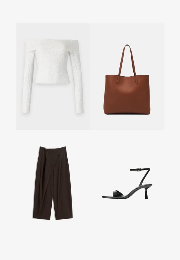 Schulterfreies weißes Spitzenoberteil mit langen Ärmeln, das ein strukturiertes Blumenmuster und eine figurbetonte Silhouette aufweist.; Dunkelbraune, weite Hosen mit hohem Bund, die über einen einzigen Knopfverschluss und eine gefaltete Vorderseite verfügen. Hergestellt aus leichtem Stoff.; Bershka High Heel Sandalette - black; Braune Leder-Tote mit glatter Textur, offenem Oberteil und zwei Schulterriemen. Verfügt über minimale Nähte und keine sichtbaren Beschläge.