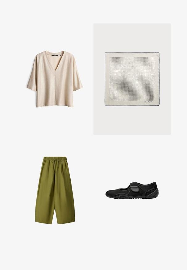 Beige T-shirt met korte mouwen en een V-hals, van lichtgewicht stof, met een licht gestructureerd oppervlak en een relaxte pasvorm. Geen zichtbare sluitingen.; Olijfgroene, wijde broek met een elastische tailleband en koord. Gemaakt van lichtgewicht stof, met twee zijzakken.; Zwarte schoen met een bovenwerk van stof en meshpanelen, voorzien van een klittenbandsluiting. De zool heeft een gestructureerd patroon voor grip.; Zijden sjaal in crème met een marineblauwe rand, voorzien van gelijkmatig verdeeld marineblauwe stippen die een patroon vormen. Handtekening gedrukt in de hoek.; Groene nepleer schoudertas met een gebogen vorm, verstelbare schouderband en een gladde textuur. Bevat een opening aan de bovenkant en minimale stikdetails.