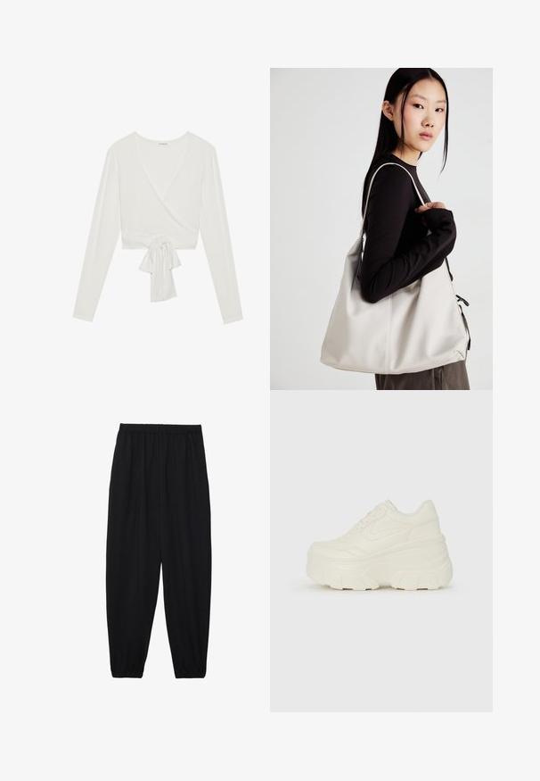 White long-sleeve wrap top with a v-neckline and a tied front detail. Made of soft fabric, features a cropped design. Smooth texture.; Black, lightweight pants with an elastic waistband and gathered ankles. The fabric is smooth and features a relaxed, tapered design.; White platform sneakers featuring a smooth leather-like upper, rounded shape, padded collar, and textured rubber sole with defined treads.; Beige handbag made of soft material, featuring a slouchy design, stitched detailing, and two shoulder straps. Suitable for everyday use.