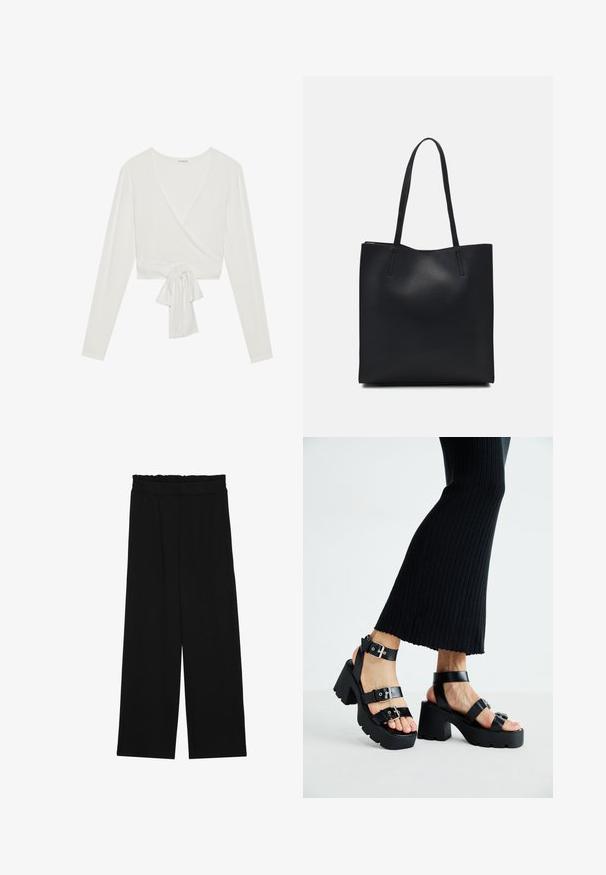 Valge pikade varrukatega kattesärk, millel on V-kujuline kaelus ja ees sidumisdetail. Valmistatud pehmest kangast, omab lühendatud disaini. Sile tekstuur.; Mustad laiad püksid rüüstatud vöökohtadega, millel on kaks küljetaskut ja ühetaoline, kerge kangas. Ilma nähtavate mustrite või seadmeteeta.; Mustad platvormsandlid paksude, hammastega talladega ja mitme rihmaga, millel on metallist pandlad ja sile nahkjas tekstuur.; Mustast nahast kott sujuva tekstuuriga, ristkülikukujuline ja kahe pika sangaga. Pole nähtavat riistvara ega kaunistusi.