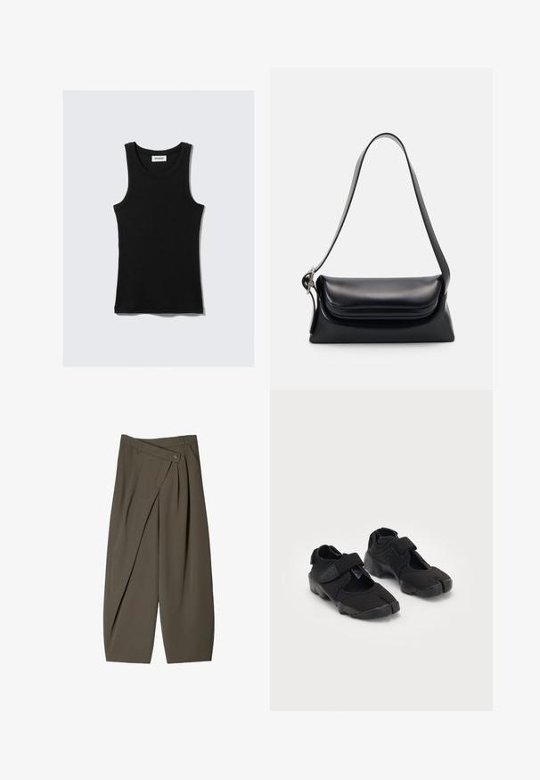 Czarny bawełniany top na ramiączkach z zaokrąglonym dekoltem, szerokimi ramiączkami oraz dopasowanym krojem. Zawiera logo marki w białym kolorze.; Szerokie spodnie w ciemnooliwkowym kolorze, z plisowanym przodem, z zapięciem na guzik oraz polerowaną, teksturowaną powierzchnią.; Czarne buty wodne wykonane z elastycznego materiału z zapięciem na rzep, charakteryzujące się unikalnym podziałem palców oraz teksturowaną gumową podeszwą zapewniającą przyczepność.; Czarna skórzana torebka o zorganizowanym kształcie, gładkiej fakturze i pojedynczym pasku na ramię. Posiada subtelną, zaokrągloną klapkę.; Srebrny zegarek kwarcowy Casio z prostokątną tarczą, wyświetlaczami analogowymi i cyfrowymi, stalową bransoletą oraz funkcjami wodoodporności.