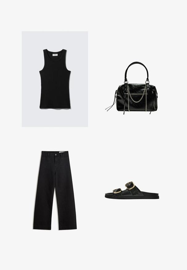 Schwarzes Baumwoll-Tanktopp mit rundem Ausschnitt, breiten Trägern und figurbetontem Schnitt. Mit dem weißen Markenlabel versehen.; Schwarze weit geschnittene Jeans mit hoher Taille, ausgestattet mit Vorder- und Hintertaschen, gesteppten Nähten und einem Knopfverschluss. Glatte Textur.; Schwarze Riemensandale mit zwei goldenen Schnallendetails, glattem Material, flachem Sohlen und minimalistischer Gestaltung.; Bershka WITH CHAIN - Handtasche - black