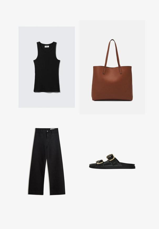 Zwart katoenen tanktop met een ronde halslijn, brede schouderbanden en een aangesloten silhouet. Heeft het merkembleem in het wit.; Zwarte denim broek met wijde pijpen en een hoge taille, voorzien van voor- en achterzakken, gestikte naden en een knoopsluiting. Gladde textuur.; Zwarte slipper met twee gouden gesps, gladde textuur, platte zool en een minimalistisch ontwerp.; Bruine leren tote bag met een gladde textuur, een ontwerp met een open bovenkant en twee schouderbanden. Kenmerkt zich door minimale stiksels en geen zichtbare hardware.