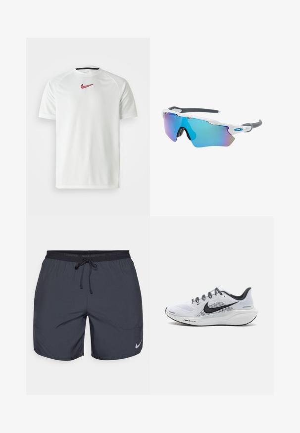 Balta īsā piedurkņu Nike T-krekls ar rozā swoosh logotipu uz krūšu daļas. Tam ir apaļa kakla līnija un gluda, viegla auduma struktūra.; Nike skriešanas šorti tumši pelēkā krāsā, ar elastīgu jostu un auklu, kā arī sudraba logotipu zem labā kājas apakšdaļā.; Baltas mežģīņu skriešanas apavu modelis ar melniem akcentiem, kas aprīkots ar mīkstu vidusdaļu, strukturētu zoli un atstarojošām shoelaces, lai uzlabotu redzamību.; Saulesbrilles ar baltu rāmi, pelēkiem akcentiem un ziliem spoguļobjektīviem. Sportisks dizains, apņemjoša forma un regulējami deguna spilventiņi.
