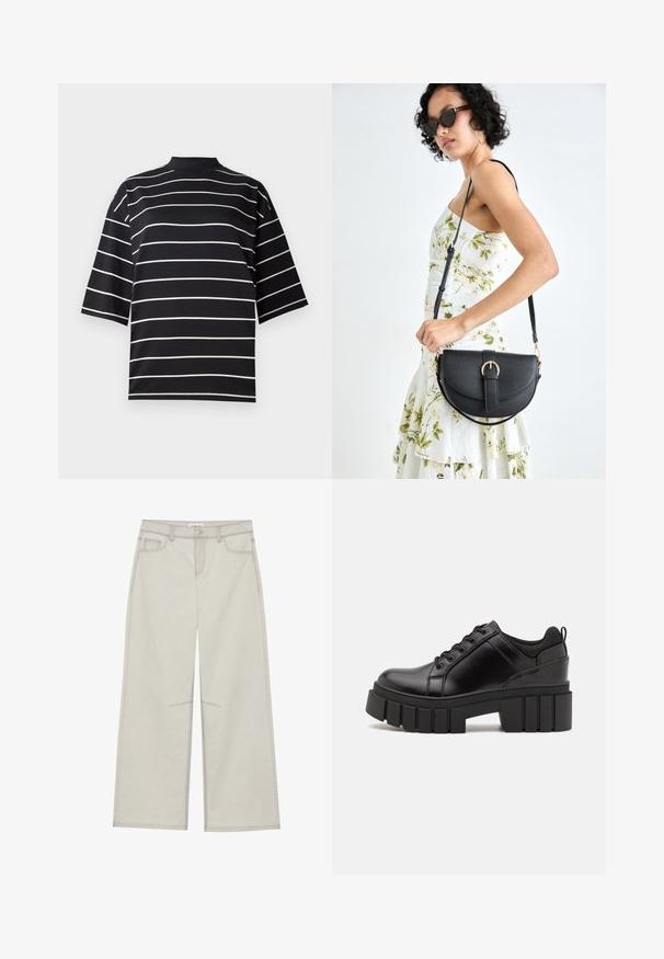 Svart kortermet skjorte med hvite horisontale striper. Har høy hals og en avslappet passform, laget av et glatt, elastisk stoff.; Lys grå vide bukser med fem lommer, frontknaplukning og kontrastsying langs sømmene. Stoffet ser blødt og holdbart ud.; Svarte lærplattformsko med kraftig blokkhell, rund tå og tradisjonell snøring. Har en jevn tekstur og minimal detaljering.; Svart lærveske med en buet form, avtagbar stropp og gullbeslag. Vesken har et klaff med spenne-detall.