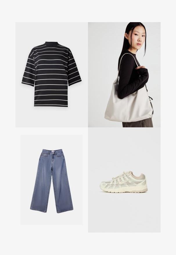 Camisa preta de mangas curtas com riscas horizontais brancas. Apresenta um colarinho alto e um corte solto, feita de um tecido liso e elástico.; Calças de ganga de perna larga numa lavagem azul clara, com uma cintura alta, bolsos frontais e fecho de botão com passadores para cinto.; Shoe desportivo de tom bege claro com painéis de malha e uma sola almofadada. Apresenta um fecho com atacadores, bico arredondado e detalhes dourados ao lado.; Uma bolsa bege feita de material macio, com um design descontraído, detalhes de costura e duas alças para o ombro. Adequada para uso diário.