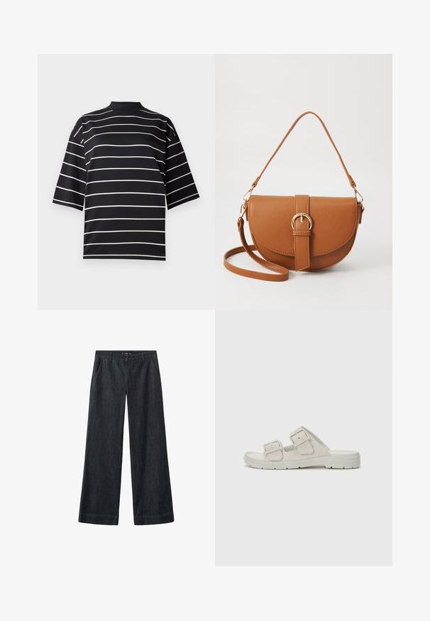 Black short-sleeve shirt with white horizontal stripes. Features a high neck and a relaxed fit, made of a smooth, stretchy fabric.; Wide-leg, dark denim pants with a smooth texture, front pockets, belt loops, and a straight cut that extends to the ankle.; Light gray sandal with dual adjustable straps, flat sole, soft material, minimalist design, and no visible embellishments.; Brown leather crossbody bag with a curved shape, gold hardware, and a buckle accent. Features a detachable shoulder strap.