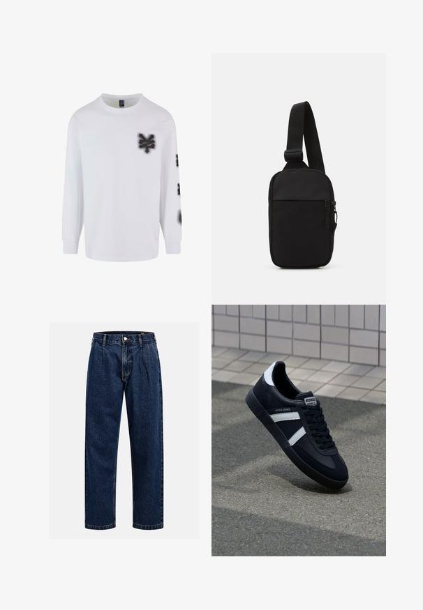 T-shirt a maniche lunghe di colore bianco in cotone, con grafiche in stile spray nero sul lato sinistro del petto e sulla manica. Design classico con collo tondo.; Jeans in denim blu scuro con design a gamba dritta. Presentano cuciture visibili, una chiusura con bottone e pieghe frontali per un tocco di dettaglio in più.; Sneaker neri in pelle con strisce bianche, suola in gomma texturizzata e allacciatura frontale. Presenta un'etichetta con il marchio sulla linguetta.; Borsa a tracolla nera realizzata in tessuto resistente, con una singola tracolla regolabile, un compartimento principale con zip e una tasca frontale.