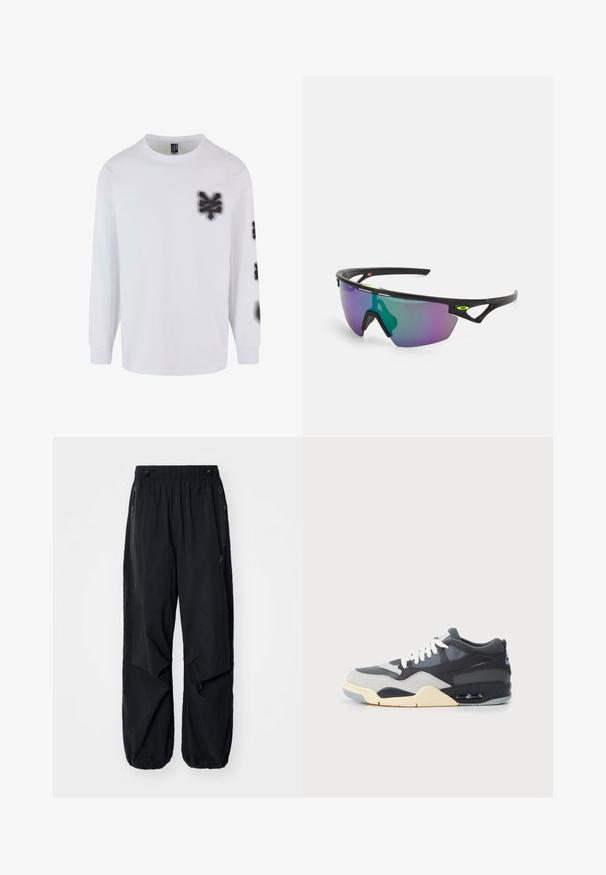 Langärmliges weißes T-Shirt aus Baumwolle, mit Grafiken im Graffiti-Stil in Schwarz auf der linken Brust und am Ärmel. Klassisches Rundhalsausschnitt-Design.; Schwarze leichte Cargo-Hosen mit elastischem Bund, seitlichen Reißverschlüssen und geräumigen Taschen. Bietet eine lockere Passform und tapered Bündchen.; Sneaker mit einem Obermaterial aus gemischten Materialien in Grau und Marineblau, gepolstertem Schuhsohle, weißen Schnürsenkeln und einem blauen Akzentlogo an der Ferse.; Sportsonnenbrille mit einem schwarzen Rahmen, großen Verlaufslinsen in lila und grünen Farbtönen sowie winkeligen Designelementen mit Logodetails.