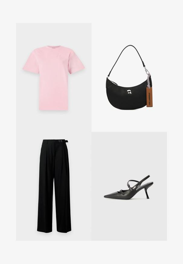 Světle růžové bavlněné tričko s kulatým výstřihem a krátkými rukávy. Na horní levé části hrudi se nachází vyražené logo. Jednoduchý design.; Černé široké kalhoty s vysokým pasem, záhyby vpředu a páskem s přezkou. Vyrobené z hladké, lehké tkaniny.; Černé kožené lodičky na boku s špičatou špičkou, štíhlým podpatkem a dekorativní přezkou na nártu. Hladká textura a elegantní design.; Černá kožená kabelka s tvarovanou texturou, zakřiveným tvarem, horním zipovým uzavřením, stříbrnými kovovými doplňky a hnědou visačkou. Obsahuje akcent s logem.