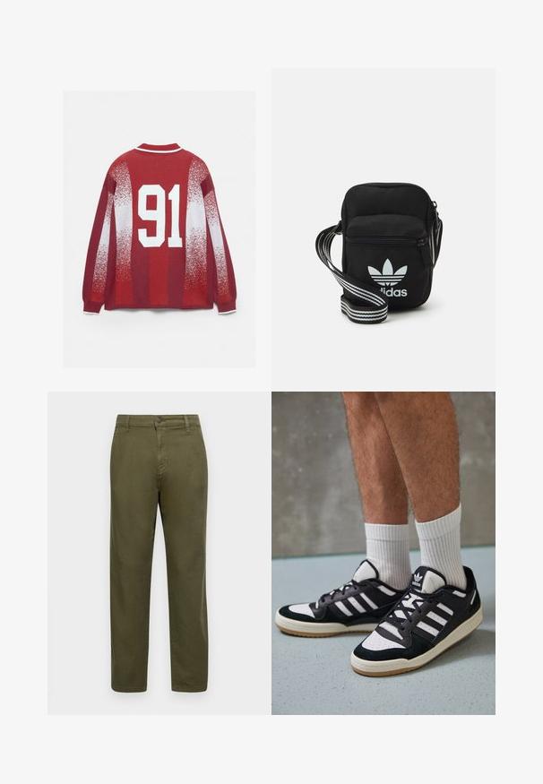 Rode trui met een witte gestreepte kraag, vervagende witte patronen en een grote witte '91' op de achterkant bedrukt.; Olijfgroene katoenen broeken met een recht model, knoopsluiting en minimale stikseldetails. Gladde textuur en geen uitgesproken patronen.; Zwart-witte sneakers met een bovenwerk van suede en leer, voorzien van drie witte strepen, een geperforeerde neus en een rubberen gumzool.; Zwarte stoffen schoudertas met een ritssluiting, voorzien van een wit Adidas-logo en een gestreepte, verstelbare schouderband voor gemakkelijk dragen.