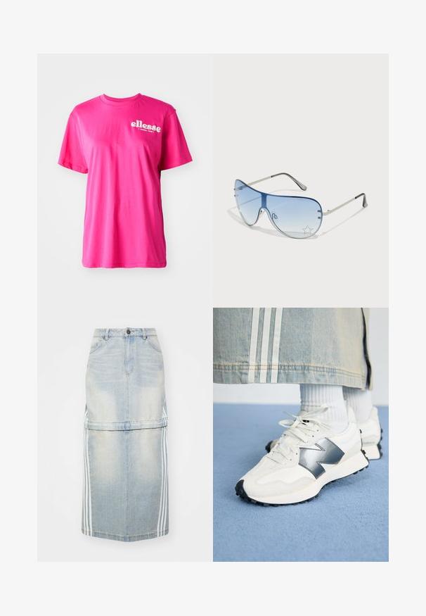 Bright pink short-sleeve t-shirt features a crew neck, relaxed fit, and white "ellesse" logo on the front. Made from soft cotton material.; Denim midi skirt in light blue, featuring side stripes, a fitted waistband, and front pockets. Distressed texture adds detail.; White athletic sneakers with a silver accent, textured fabric and smooth leather; featuring a black rubber sole and laces.; Aviator sunglasses featuring a gradient blue lens, silver metal frame, and decorative star accents on the lens. Smooth and sleek design.