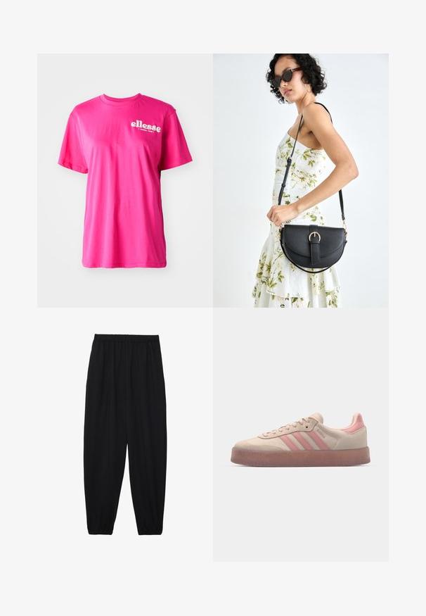 Ryškiai rožinė trumpomis rankovėmis marškinėliai su apvalia iškirpte, laisvas kirpimas ir balta "ellesse" logo priekyje. Pagaminta iš minkštos medvilnės.; Juodi, lengvi kelnių su elastinga juosmens juosta ir surinktais kulkšniais. Audinys yra lygus ir turi atsipalaidavusį, siaurėjantį dizainą.; Šviesiai rudos zomšinės sportbačiai su šviesiai rožinėmis detalėmis, tekstūruotas guminis padas, ir trys rožinės juostelės šone. Suapvalintas pirštas ir raištelių užsegimo dizainas.; Juodas odinis krepšys su išlenkta forma, nuimamu dirželiu ir auksiniais detalėmis. Krepšys turi kilpą su sagtimi.