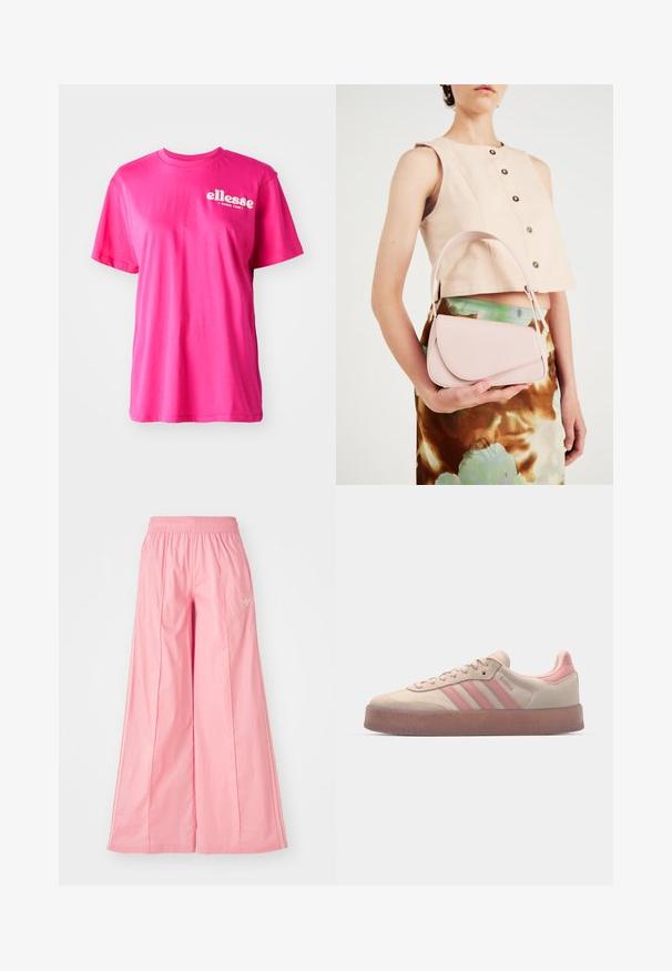 Gaiši rozā īsām piedurknēm T-krekls ar klasisku apkakli, brīvu piegriezumu un baltu "ellesse" logo priekšā. Izgatavots no mīksta kokvilnas materiāla.; Rozā platajā kājās bikses, kas izgatavotas no viegla auduma, ar elastīgu jostasvietu un smalkām baltām sānu svītrām. Mazs logo priekšā.; Bēša zamša sporta apavi ar gaiši rozā akcentiem, teksturēta gumijas zole un trīs rozā svītras sānos. Apaļa purngalu forma un auklu aizdare.; Rozā ādas rokassoma ar izliekto vāku, vienu plecu siksnu un vienkāršām līnijām. Soma izceļas ar gludu tekstūru un minimālistisku dizainu.