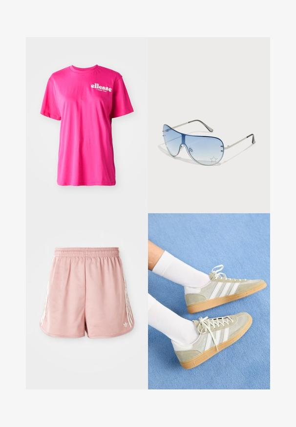 Ljusrosa kortärmad t-shirt med rund hals, avslappnad passform och vit "ellesse"-logotyp på framsidan. Tillverkad av mjukt bomullsmaterial.; Rosa sportshorts med resårmidja, vit sidostripning och en liten logotyp längst ner till vänster fram. Slät tygtextur.; Ljust grå mockaskor med vita gummidetaljer, som har tre vita ränder och en gummisula, bärs med vita strumpor mot en blå bakgrund.; Pilotglasögon med gradientblå linser, silverfärgad metallram och dekorativa stjärnaccenter på linserna. Snygg och elegant design.