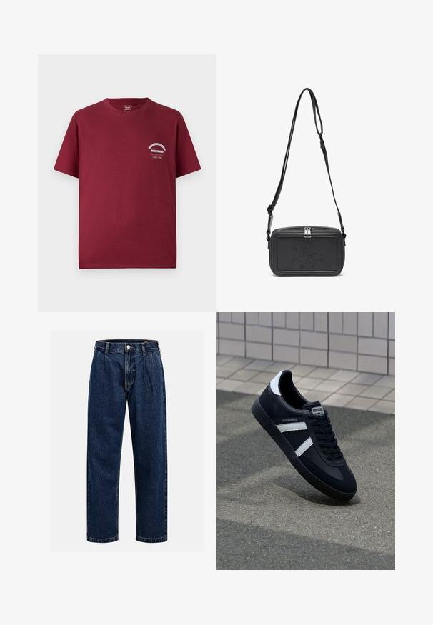 Bordeauxfarbener Baumwoll-T-Shirt mit Rundhalsausschnitt, kurzen Ärmeln und einem weißen Grafikdruck auf der linken Brust. Glatte Textur und lässige Passform.; Dunkelblaue Denim-Jeans mit geradem Bein. Mit sichtbaren Nähten, einem Knopfverschluß und Frontfalten für zusätzliche Details.; Schwarze Leder-Sneaker mit weißen Streifen, strukturiertem Gummisohle und Schnürung. Verfügt über ein Markenetikett auf der Zunge.; Schwarze Leder-Crossbody-Tasche mit einem Reißverschluss, geprägtem Logo auf der Vorderseite und verstellbarem Riemen. Glatte Textur mit rechteckiger Form.