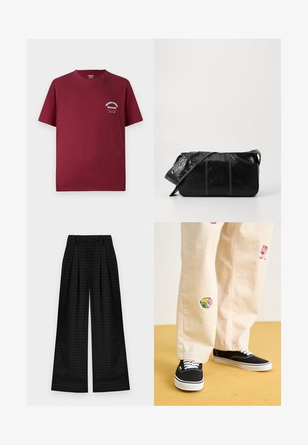 Tricou din bumbac burgund cu guler rotund, mâneci scurte și un imprimeu alb pe partea stângă a pieptului. Textură netedă și croială lejeră.; Pantaloni largi cu carouri negre, cu pliseuri, având o textura netedă și un design clasic. Material ușor pentru confort.; Pantaloni din bumbac bej cu modele brodate jucăușe, inclusiv un personaj roz și un bloc colorat, asortați cu teniși negri cu șireturi.; Geantă de umăr din piele neagră cu închidere cu fermoar, având un corp texturat, cusături albe și o curea cu ochiuri argintii.