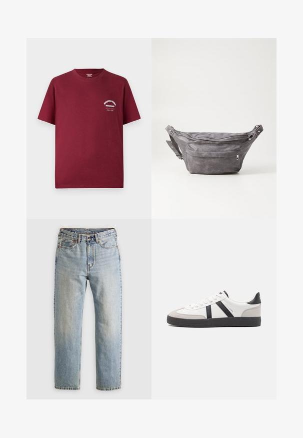 Burgundska pamučna majica s kratkim rukavima i okruglim izrezom, s bijelim grafičkim printom na lijevoj strani prsnog koša. Glatka tekstura i ležerni fit.; Svijetloplave traperice visoki struk, prednji gumb, zatvarač i dizajn s pet džepova, položene ravno na neutralnoj pozadini.; Bijele tenisice s crnim i sivim detaljima, s teksturiranim sivim zaštitnikom prstiju, crnim gumene potplate i ravnim bijelim vezicama. Čist dizajn, minimalistički stil.; Siva zamšasta torbica preko struka sa zaobljenim oblikom, dva zip zatvorena odjeljka i podesivim remenom. Sadrži metalne naglaske.