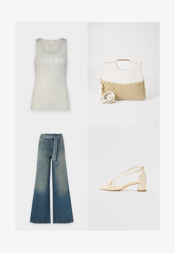 GAP TANK - Topp - daisy; Laiad denimpüksid, millel on hele tume sinine gradiendiefekt, kõrge vöökoht, vöökumlid ja sobivast kangast vöö. Struktureeritud denimi viimistlus.; Bežid kontsagaid sandaalid plokknõlva, rihmadega disain ja reguleeritav pahklu strap, valmistatud siledast sünteetilisest materjalist matta viimistlusega.; Valge nahast käekott, mille alumine osa on tekstureeritud kreemjas kudumiga. Kott on varustatud kuldse käepidemega ja keerdus valge rihmaga, mis lisab mitmekesisust.