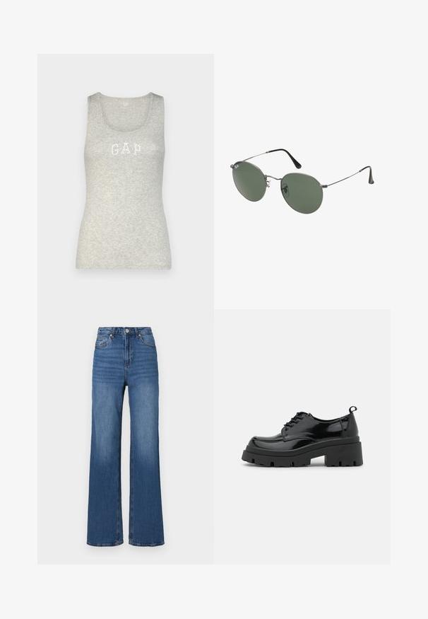 GAP - Top; Jeans w kolorze niebieskim z wysokim stanem i szerokimi nogawkami, uszyte z denimu, z klasycznym pięciopocketowym wzorem i subtelnym przecieraniem wzdłuż nóg.; Czarne lakierowane buty na platformie z grubą podeszwą i grubymi sznurówkami. Okrągły przód, minimalne zdobienia oraz mały uchwyt z tyłu.; Okulary przeciwsłoneczne z metalową ramą i owalnymi zielonymi soczewkami. Cienka srebrna metalowa rama i czarne końcówki zauszników. Minimalistyczny design, bez widocznych logo.