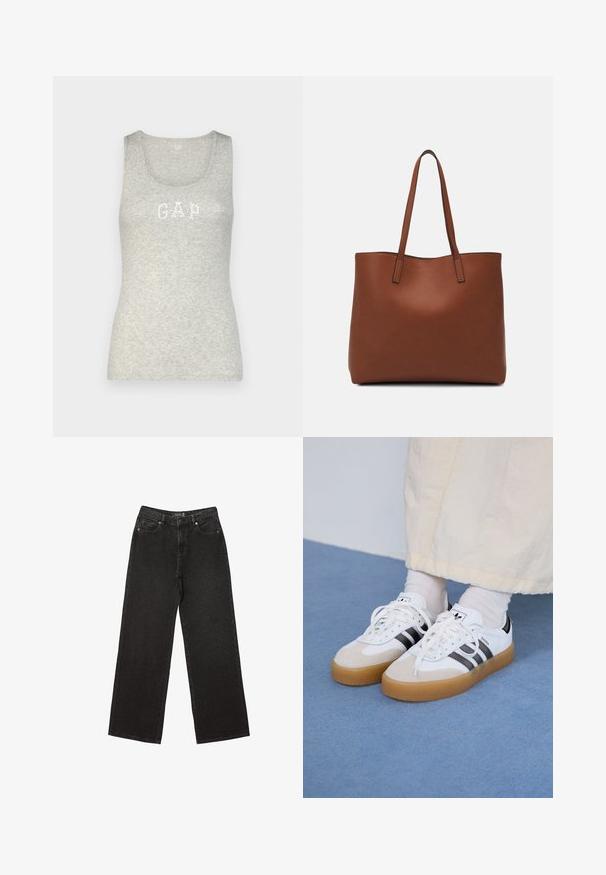 GAP - Top; Czarne dżinsy o szerokich nogawkach, wykonane z denimu, w małe kropeczki, klasyczny pięć kieszeniowy fason oraz zapięcie na guzik i suwak.; Białe sneakersy z czarnymi paskami i beżowymi zamszowymi akcentami. Posiadają teksturowaną gumową podeszwę i płaskie białe sznurowadła, noszone z jasnymi skarpetami.; Brązowa skórzana torba tote o gładkiej fakturze, z otwartym wierzchem i dwoma ramiączkami. Charakteryzuje się minimalnym przeszyciem i brakiem widocznych elementów metalowych.