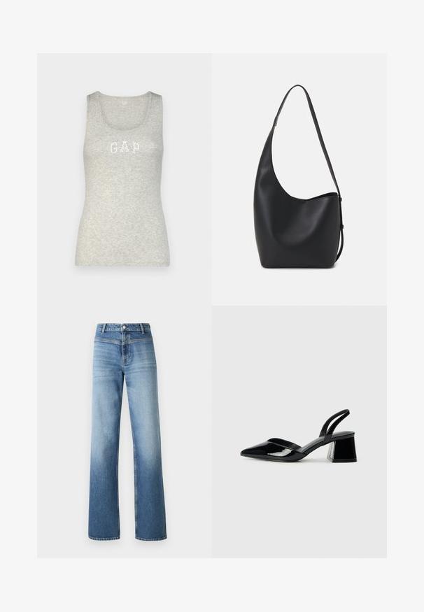 GAP TANK - Tops - daisy; Gai zila denima bikses ar augstu vidukli, taisnu kāju dizainu, izbalējušu krāsu un klasisku piecu kabatu stilu. Pabeigtas ar pogas aizdari.; Melna lakota āda ar atvērto papēdi, ar smailu purngalu un ģeometrisku blokpapēdi. Iezīmējas elegants, minimāls dizains un gluda tekstūra.; Melnas ādas hobo soma ar gludu tekstūru, izliekta forma un vienu regulējamu jostu; augšā ir plaša atvere.