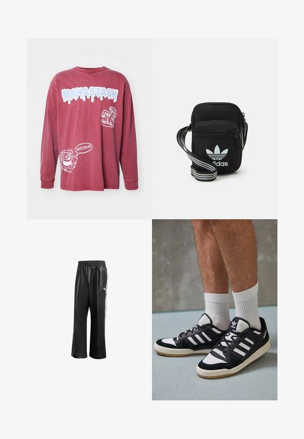Langermet burgunder T-skjorte laget av bomull. Forsiden har "MANASTASH"-logoen med dryppende effekt samt tegneserieillustrasjoner av sopp og en karakter med taleboble.; Sorte syntetiske treningsbukser med elastisk midje, som har hvite sidestreker og en liten hvit logo på venstre hofte.; Sorte og hvite sneakers med overdel i semsket skinn og lær, med tre hvite striper, perforert tå og en såle av gummi.; Svart stoff crossbody veske med glidelås, med en hvit Adidas-logo og enstripet justerbar stropp for enkel bæring.