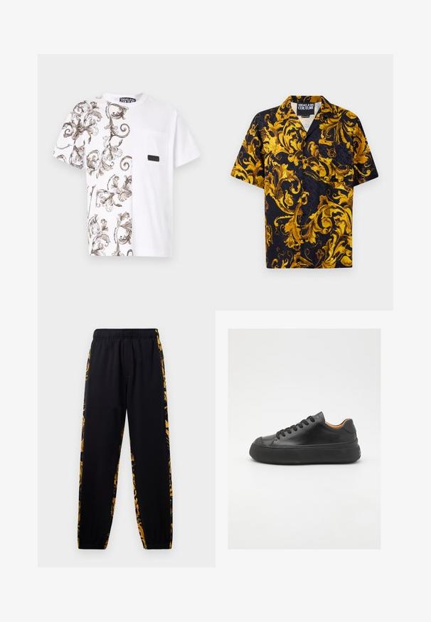 Bela majica s kratkimi rokavi, ki na levi strani vsebuje rjav cvetlični vzorec. Ima žep na prsih in črn logotip. Standardna velikost.; Črna kratka majica s kratkimi rokavi z gumbi, okrašena z rumenimi in zlatimi baročnimi cvetličnimi vzorci ter sprednjim žepom, označena z Versace Jeans Couture znotraj ovratnika.; Črne trenirke z elastiko v pasu in ob robovih, ki imajo zlate in črne cvetlične vzorec na stranskih panelih.; Črne usnjene superge z okroglo konico, vezalnim sprednjim delom, gladko teksturo, debelim gumijastim podplatom in kontrastno rjavim notranjim delom.